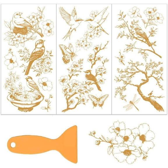 3pcs/Set Golden Branches Rub on Transfers for Crafts 6x12 Inch Gold Birds Furniture Decals Decor Decorative Transfer Stickers with 1pc Scraper for Home Office Scrapbooking