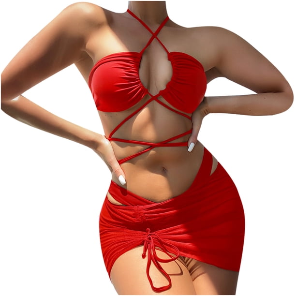Traje de baño de 3 piezas con cintura alta y tirantes cruzados para mujer Fridja nalpqowj51226