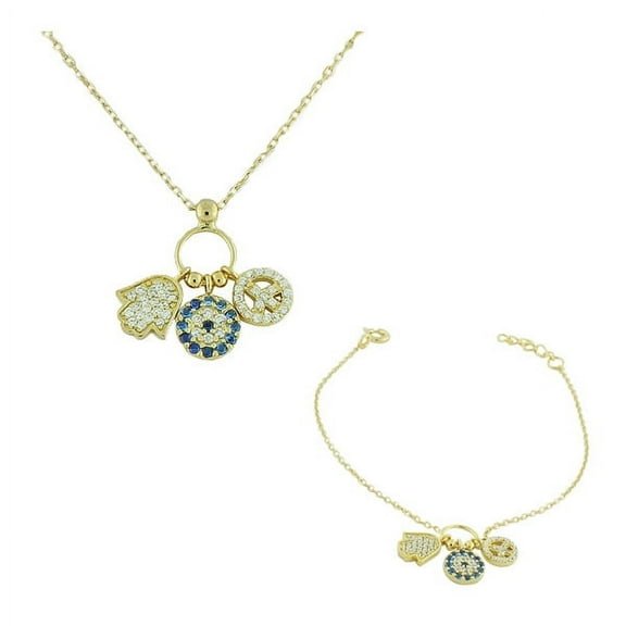 925 Sterling Silver Gold-Tone Hamsa Evil Eye Peace White Blue CZ Necklace Bracelet Set
