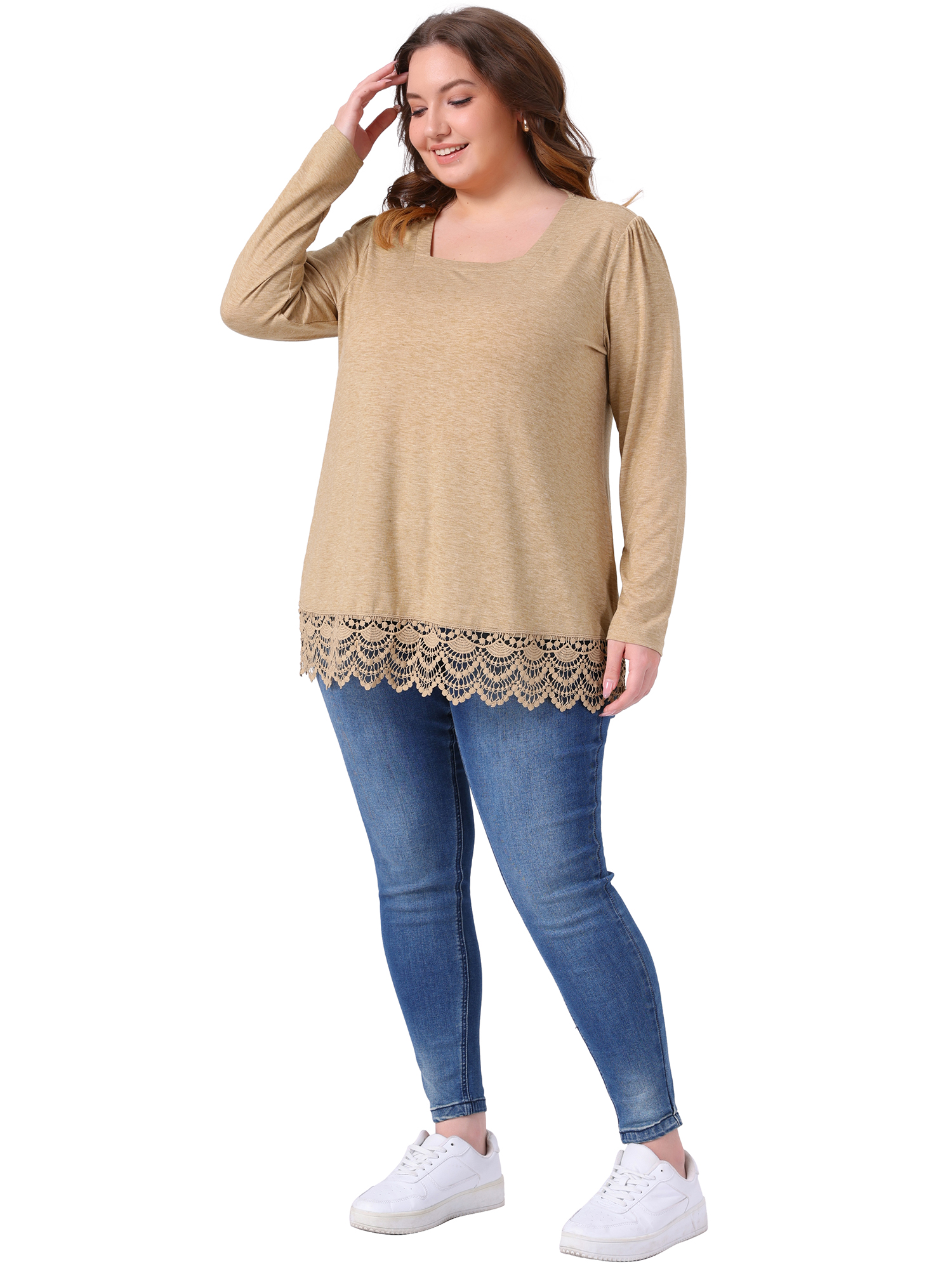 DARING DIVA  Women's Plus Square Neck Lace Hem Blouse 1X Khaki