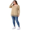 thumbnail image 3 of DARING DIVA  Women's Plus Square Neck Lace Hem Blouse 1X Khaki, 3 of 5