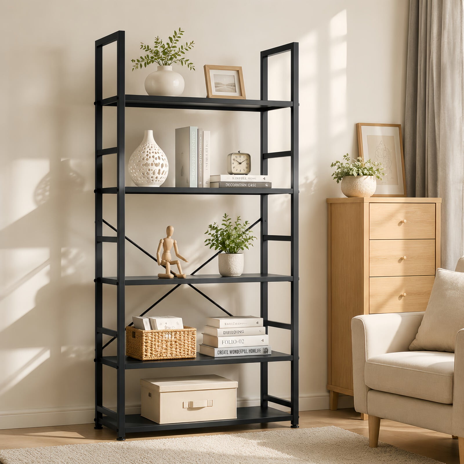 Kelno 5-Tier Bookshelf 62"x24" Industrial Storage Shelf Free Standing Bookcase Metal Frame Bookcase with Open Storage Shelves, Pure Black