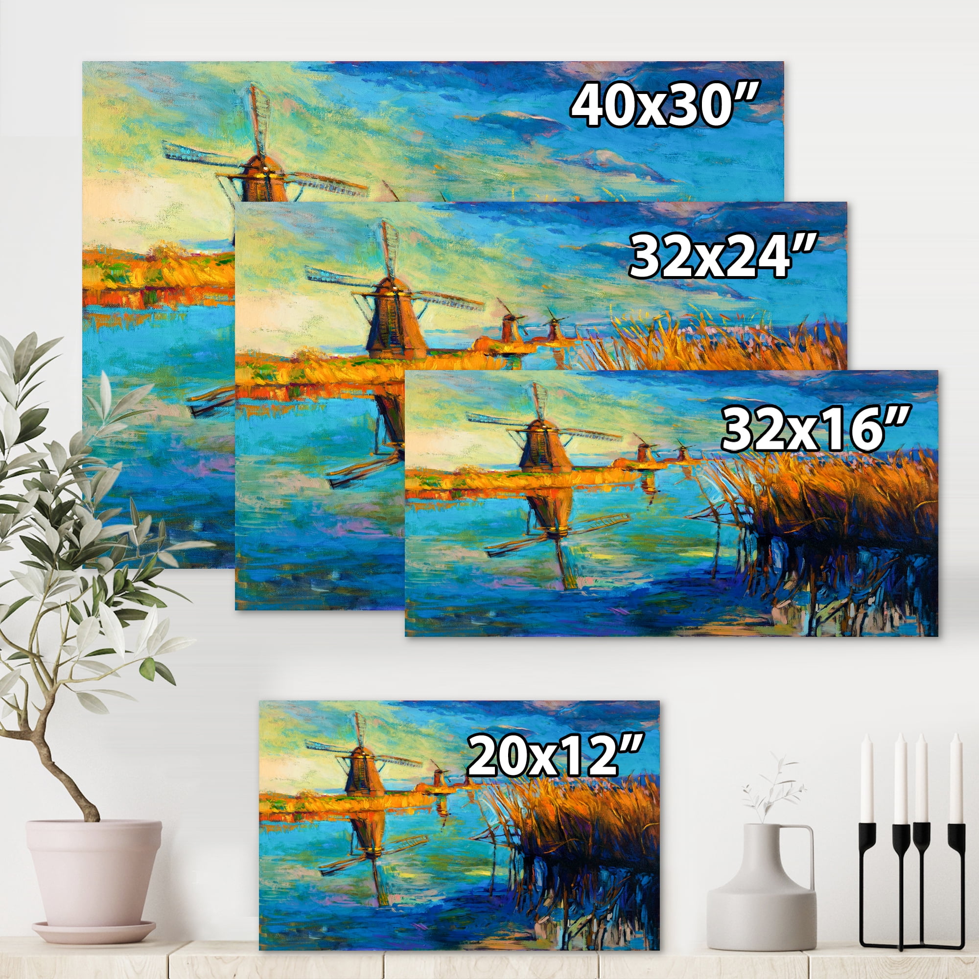 Designart ' The Deep Blue Lake And Windmills ' Nautical & Coastal Canvas Wall Art Print
