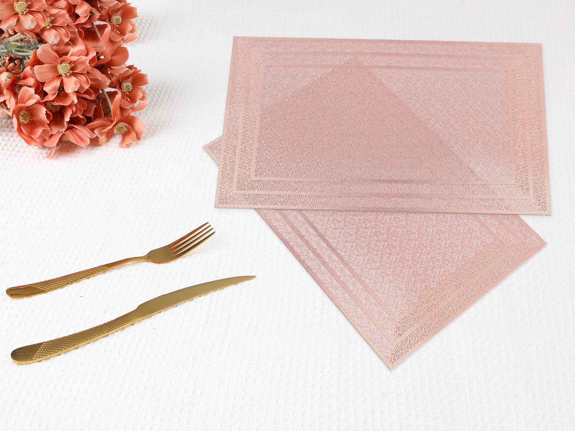 Unique Bargains Washable Placemats Set of 6 Trimmed Placemats for Dining Table Rose Gold