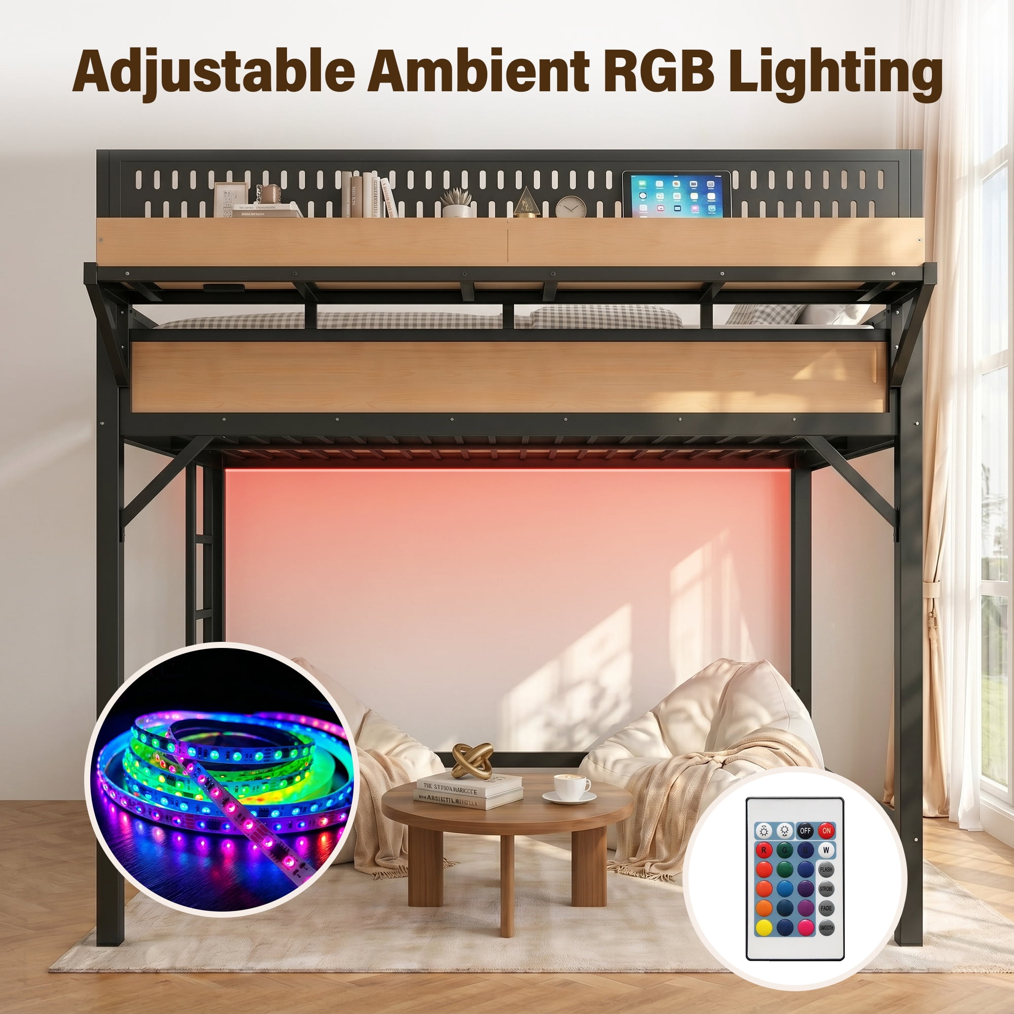 Aukfa Queen Size Metal Loft Bed with USB Charging Ports, LED Lights & Bedside Shelves, Space-Saving Bed Frame for Kids & Adults, Natural