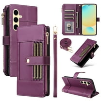 Wallet Case for Samsung Galaxy A36 5G, PU Leather RFID Blocking Card Slots Zipper Pocket Magnetic Buckle Kickstand Shoulder Strap & Wrist Strap Rugged Phone Cover for Galaxy A36 5G, Purple