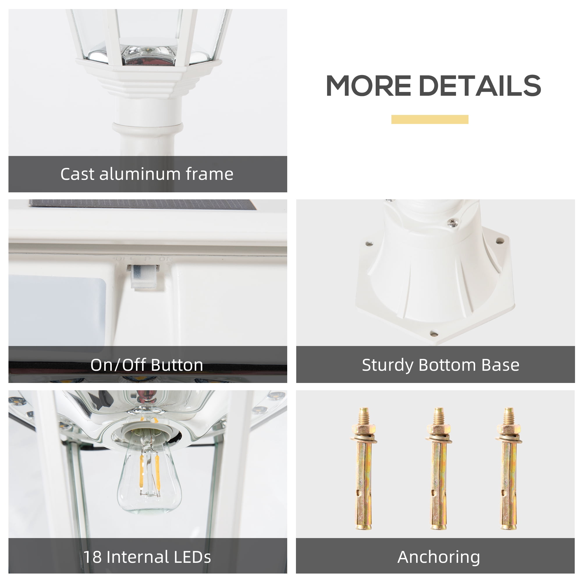 Outsunny 77" Solar Lamp Post Light, Waterproof Aluminum Outdoor Vintage Street Lamp, Motion Activated Sensor PIR, Adjustable Brightness, for Garden, Lawn, Pathway, Driveway, White