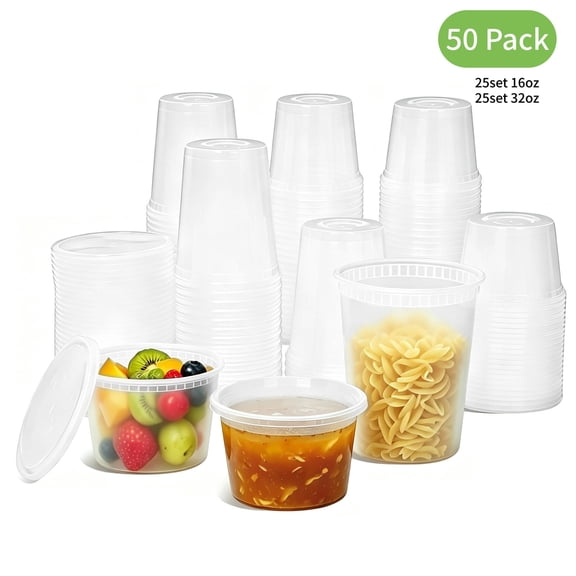 UNIWELL 50Pack Food Storage Containers with Lids,16oz 32oz Leak‑Proof Lids Stackable Plastic Containers for Meal Prep, Soup , Microwave/Dishwasher/Freezer‑Safe
