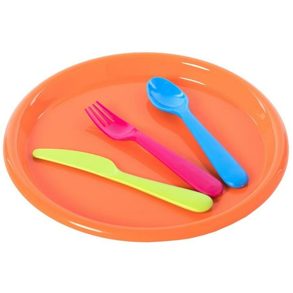 0,75 x 10 x 10 Po Couverts Réutilisables Assiettes en Plastique, Cuillères, Fourchettes et Couteaux pour Bébé et Tout-Petits, Vert - Rose - Bleu et Orange - Ensemble de 4