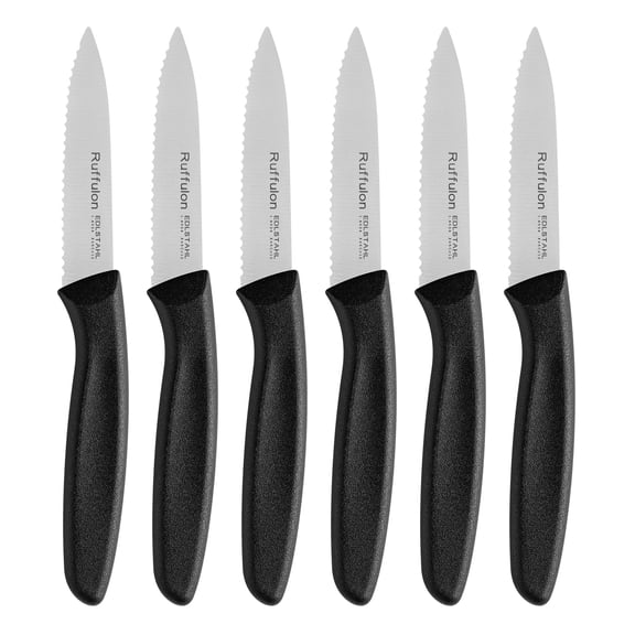 Ruffulon Paring Knife Fruit Knife Set (6 Pieces), Ultra Sharp Stainless Steel Vegetable and Fruit Serrated Knife with PP Plastic Ergonomic Handle for Cutting Fruits and Vegetables.