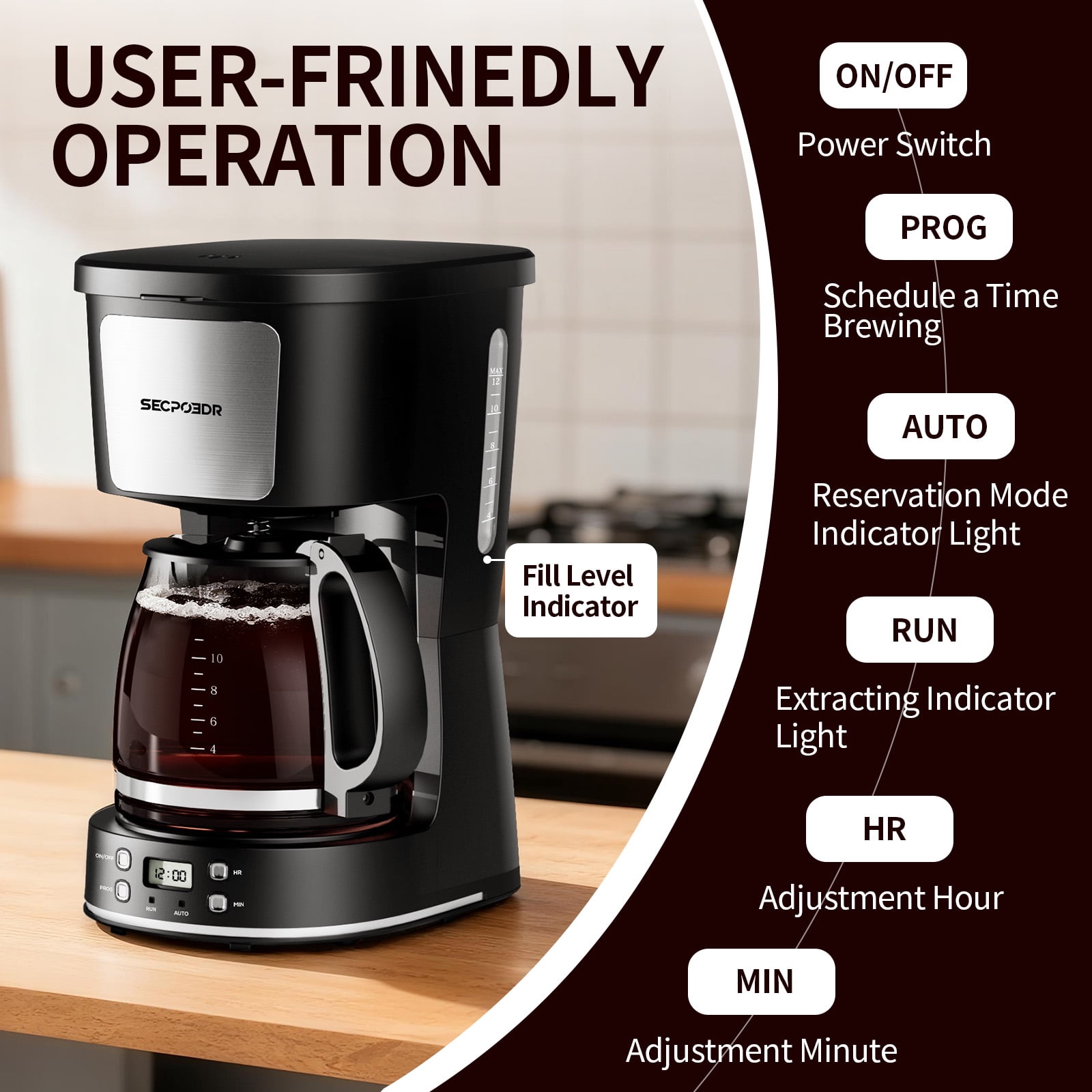 SECPOEDR 12 Cup Drip Programmable Coffee Maker, Easy Pour, Non-Drip Carafe with Removable Filter Basket for Kitchen, Office Black