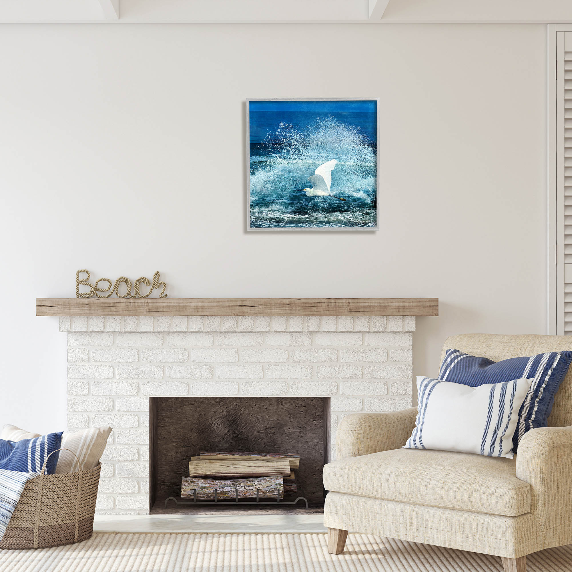 Stupell Industries Egret Flying Waves Splashing Coastal Painting Gray Framed Art Print Wall Art