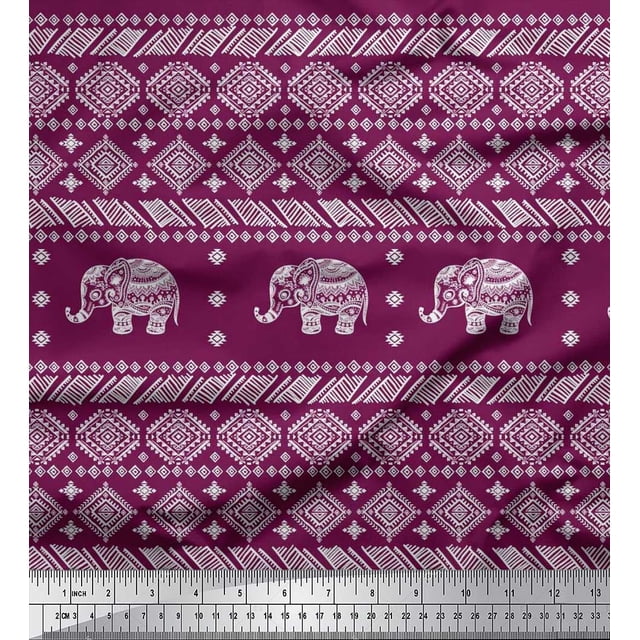 Soimoi Crepe Silk Fabric Aztec & Tribal Elephant Animal Print Sewing Fabric Yard 42 Inch Wide
