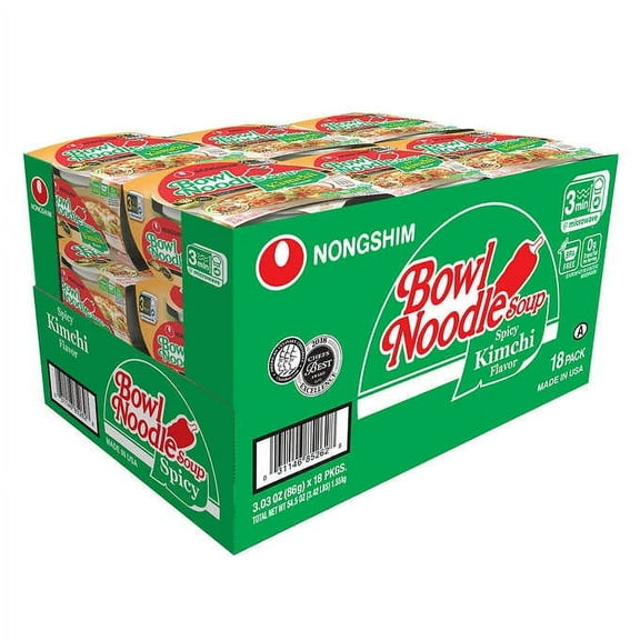 Nongshim, Bowl Noodle Soup, Spicy Kimchi, 3.03 oz, 18-Count