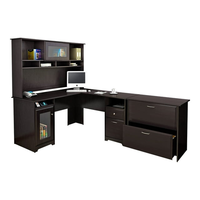Bush Furniture Cabot 60W L Shaped Computer Desk with Hutch and Lateral File Cabinet, Espresso Oak