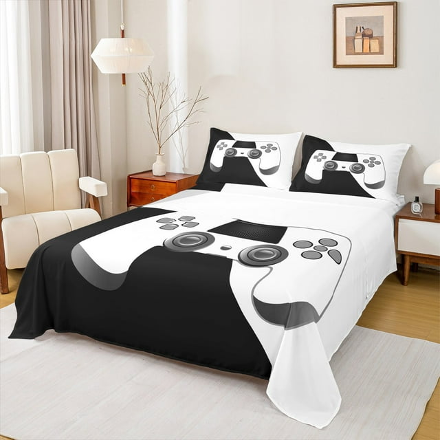 Manfei Game Controller Bed Sheets, Teens Gamer Gaming King Sheets, Black White Gray Sheet Set Breathable Home Decor 4pcs