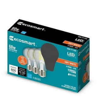 Ecosmart 60-Watt Equivalent A19 Medium Base Dimmable Clear Glass LED Light Bulb Soft White 800 Lumens (4-Pack)