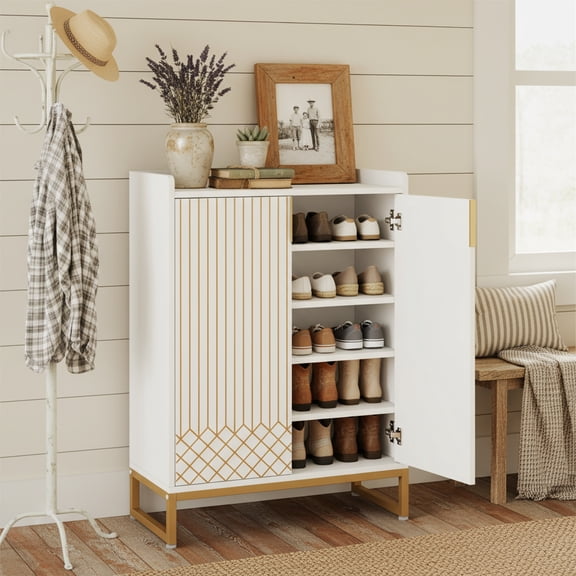 Finmind 5-Tier Shoe Cabinet with Doors, Wooden Shoe Storage Organizer for Entryway, White