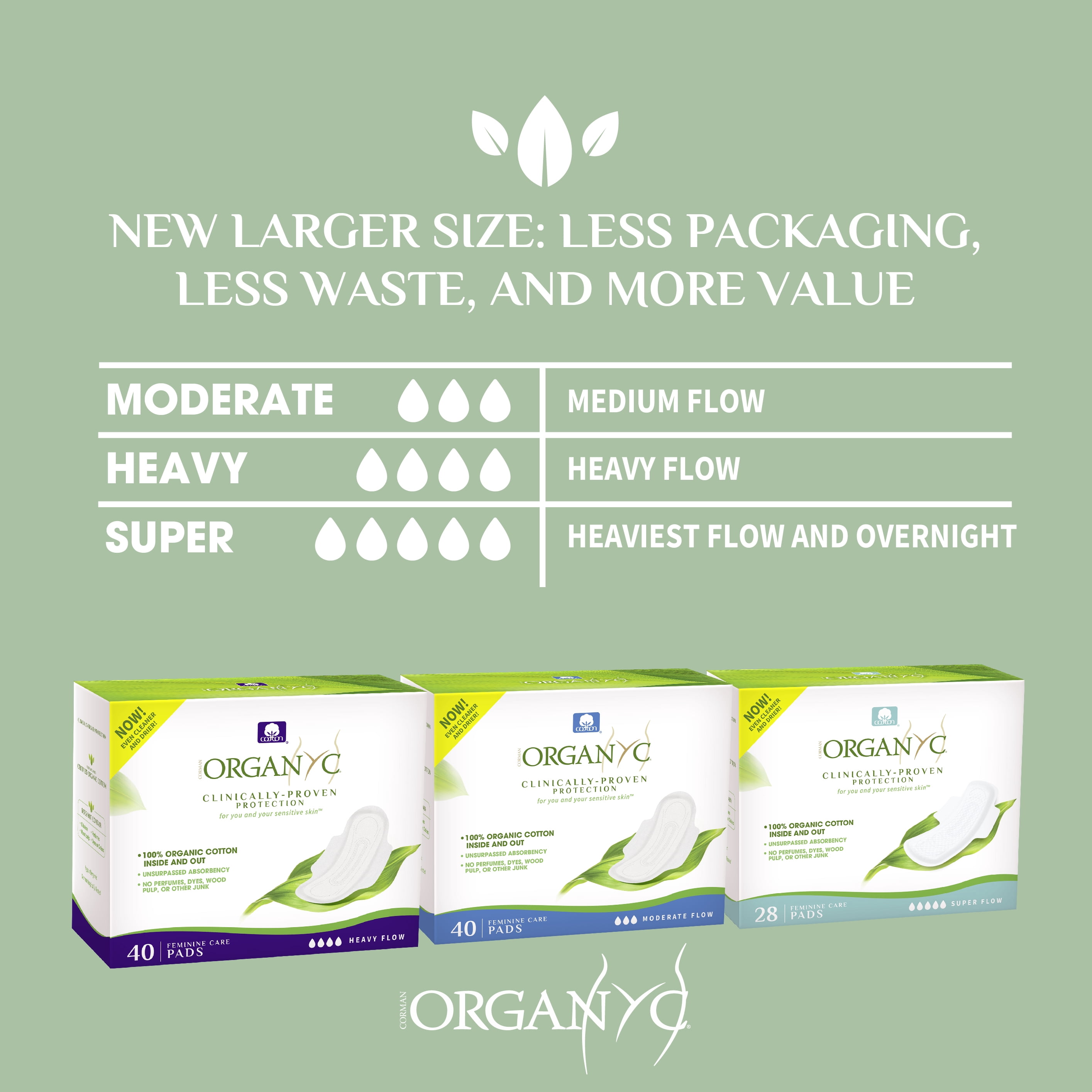 Corman Organyc 100% Organic Cotton Feminine Pads, Hypoallergenic, Chlorine Free, Heavy Flow, 40 Count