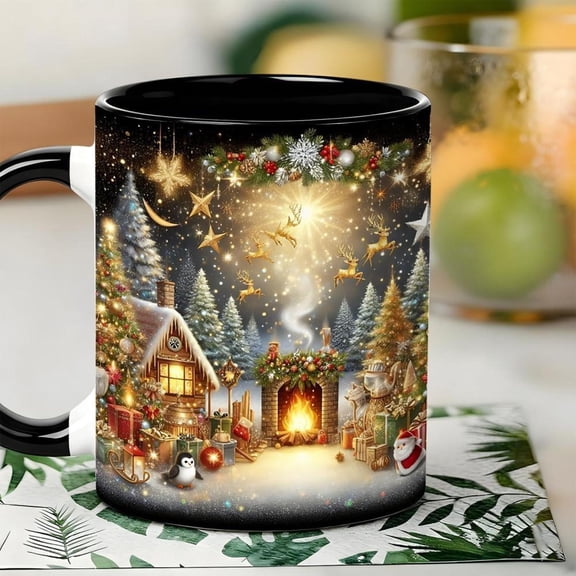 1pc 11oz Ceramic Christmas Mug with Snowy Winter Village Scene Glowing Lights Snowman Reindeer Design Dishwasher Coffee Tea Cup Hot Cocoa Holiday Drin