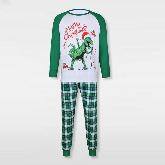 Ensemble de Pyjama Familial 2 Pcs Col Ras du Cou Imprimé Dinosaure Tenue Quotidienne (Vert P Papa)