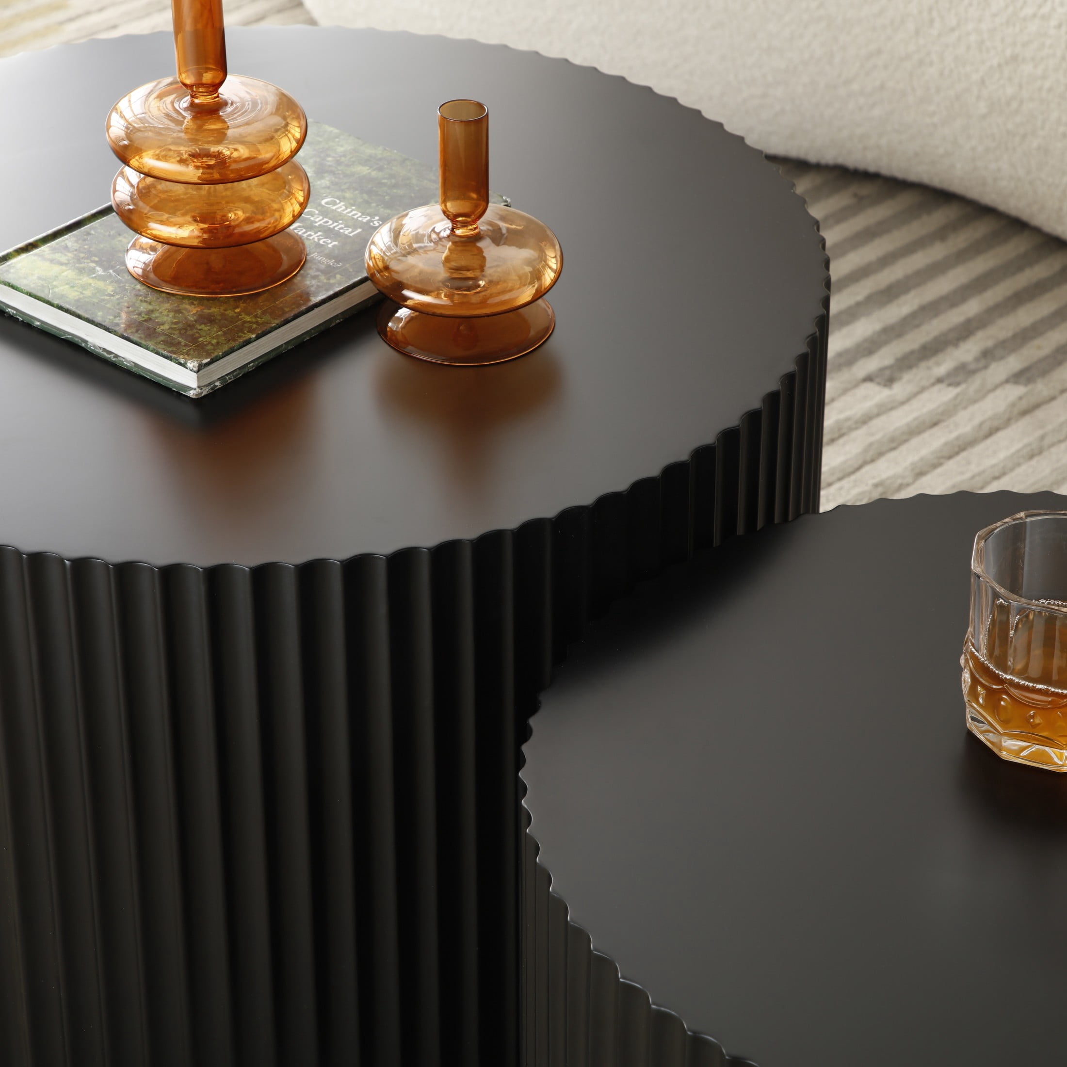 Noble House Nesting Round Coffee Tables, Modern MDF Handcrafted Relief for Living Room, Matte Black, Set of 2
