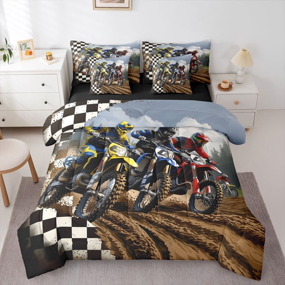 Manfei Cool Motorcycle 7-Piece Twin Bedding,Grid Pattern Bedding Comforter Set,Brown,Black Reversible