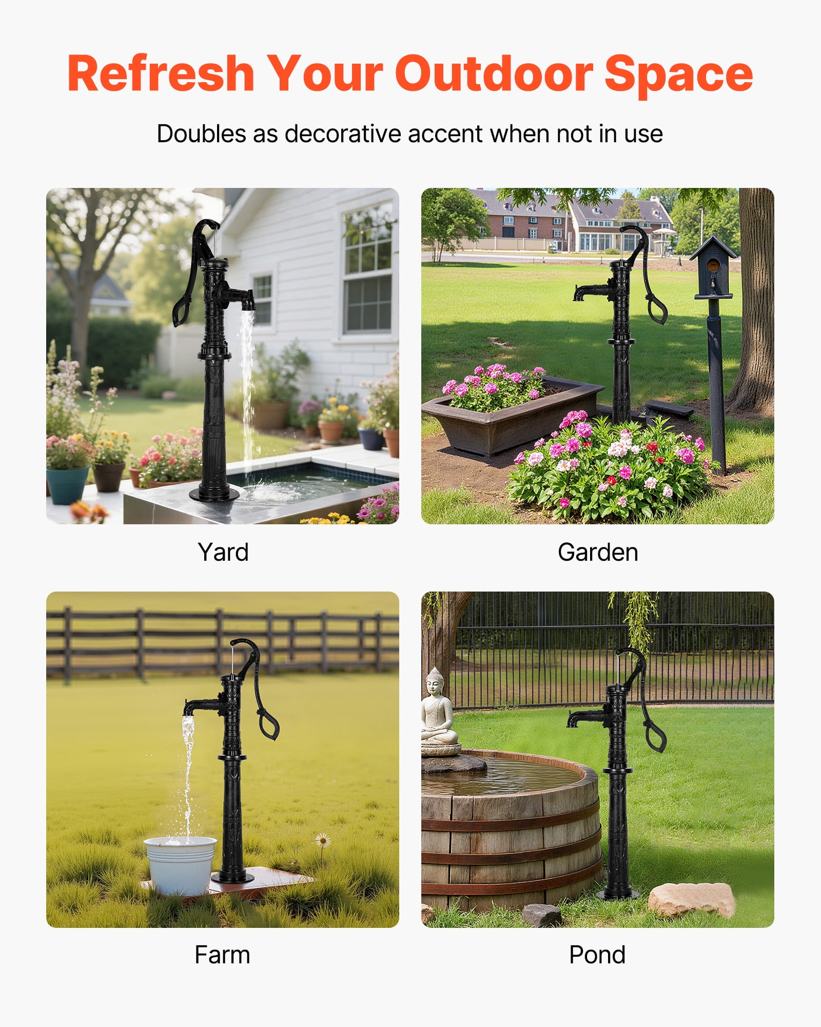 VEVOR Well Hand Pitcher Pump, 20 ft Max Lift, Antique Cast Iron Manual Hand Water Pump with Heightening Base, NPT 1-1/4 in Connection, Easy Installation, for Outdoor Garden, Pond, Yard, Farm, Black