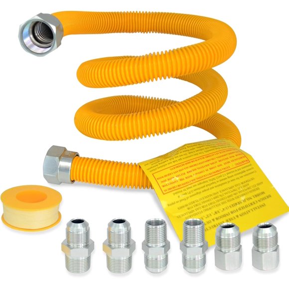 TT FLEX Gas Connector Kit, Gas Hose Gas Line for Gas Water Heater, Stove, Dryer, 48 Inch Stainless Steel with Yellow Coated