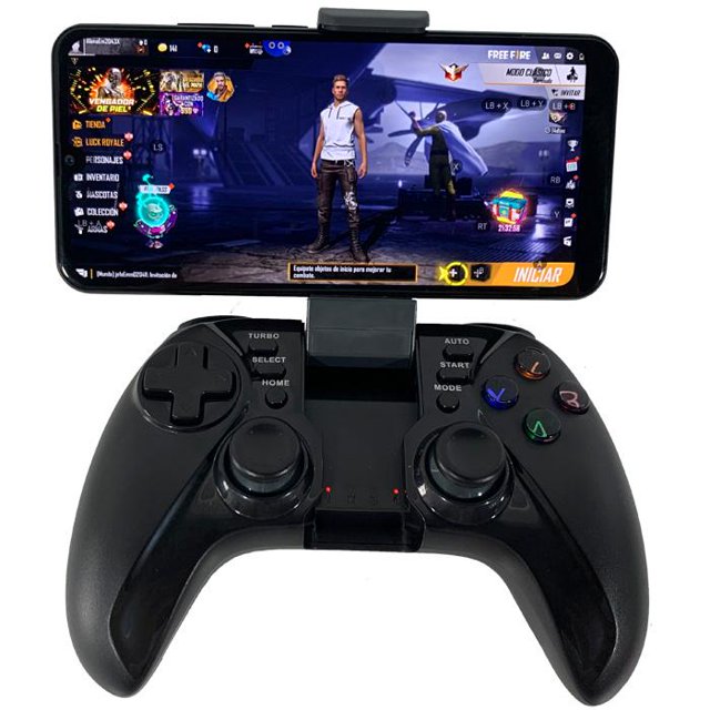 celular gamer hyundai 3gb 32gb quad core gamepad pubg mobile negro con gamepad y soporte de plástico, vista frontal horizontal; control con dos joysticks, cruceta, botones A/B/X/Y y gatillos, memoria 3GB, compatible con Free Fire y PUBG Mobile; suele usarse también para partidas móviles en viaje.