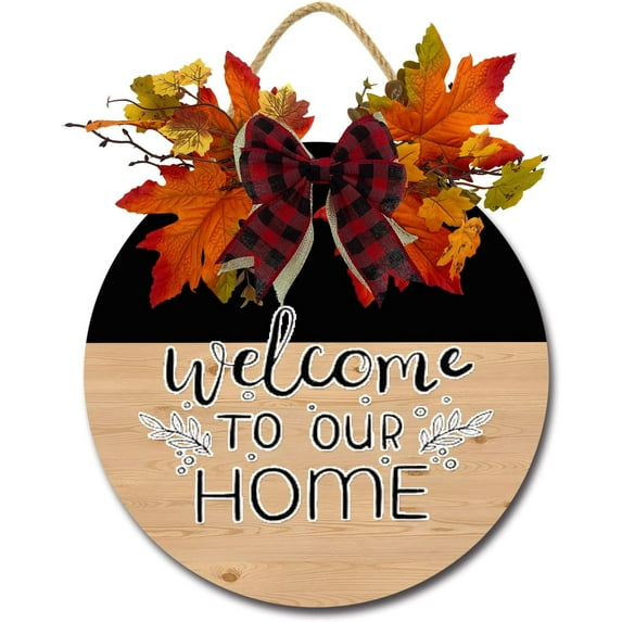 Eveokoki 11" Welcome To Our Hom, Rustic Door Wreaths Sign with Fall Leaves, Round Wooden Hanging Sign