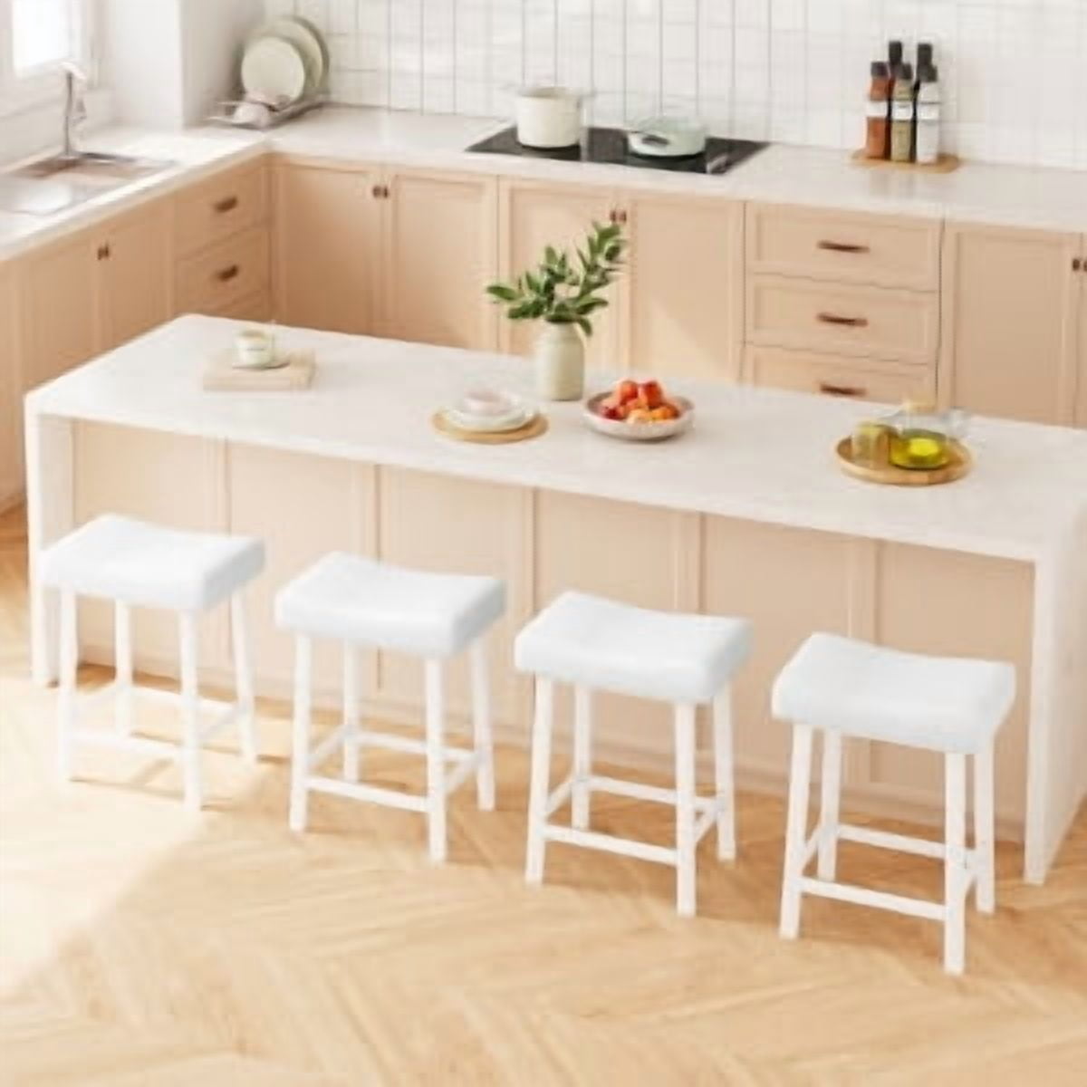 Acekid Bar Stool Set of 4&nbsp;– 24 Inch Counter Height, Upholstered Padded Seat with Curved Surface, Ergonomic Saddle Design for Kitchen/Home, White + White Cushion