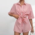 thumbnail image 3 of Fmbrln Womens Summer 2 Piece Sets Casual Stripe Print Turndown Collar Button Short Sleeve Shirts and Drawstring Elastic Waist Shorts Sets Lounge Vacation Outfits Red L, 3 of 5