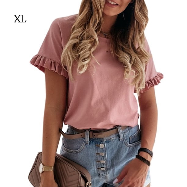 Qarigey Camiseta de mujer Cuello Top de verano Manga corta Algodón Chica Paño Prendas para la parte del cuerpo Piel rosa XL