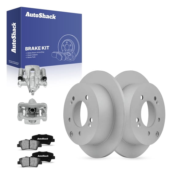AutoShack Rear Solid Coated Brake Rotors   Ceramic Pads   Calipers 8-PC Brake Kit Replacement for 2010-2013 Kia Soul ArmorStop 10.31" (262 mm)