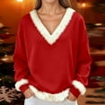 thumbnail image 2 of KHONTS Christmas T Shirts for Women Xmas V Neck Trim Tees Casual Loose Sweatshirts Long Sleeve Pullover Tops Red XL, 2 of 4