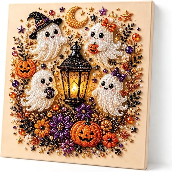 Halloween Ghost Pearl Art DIY Kit, Halloween 3D Pearl Painting Craft, Ghost Pumpkin Design Pearl DIY Art Kit for Adults and Beginners, Spooky Home Wall Decor, Party Gift， Ghost