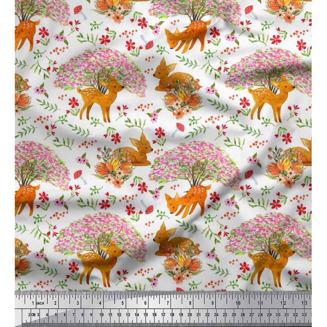 Soimoi Modal Satin Fabric Tree,Floral & Deer Animal Printed Fabric 1 Yard 42 Inch Wide