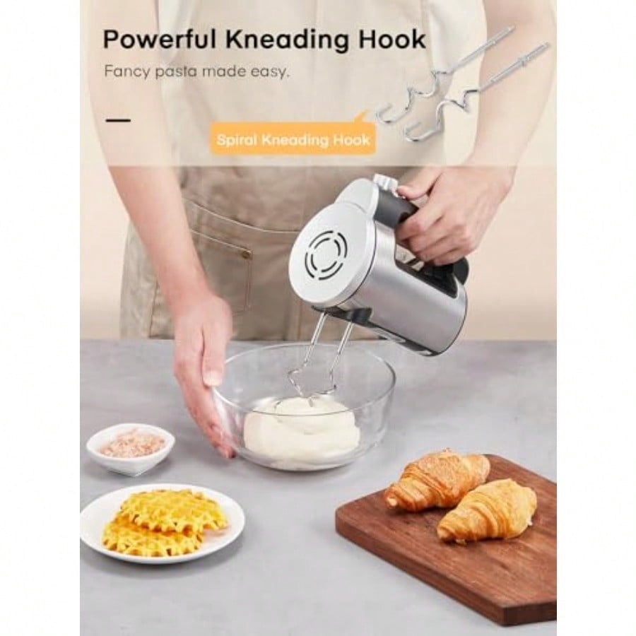 Hand Mixer Electric Handheld 6 Speed and Turbo Electric Mixer 300W Handheld Mixer with 2 Stainless Steel Whisk and 2 Dough Hook for Whipping Mixing Cookies Brownie Cakes Dough Batters Silver