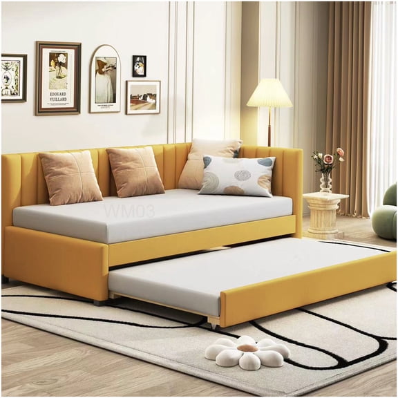 Upholstered Sofa Bed with Pull Out Trundle, Twin Size Daybed for Space Saving, Linen Fabric