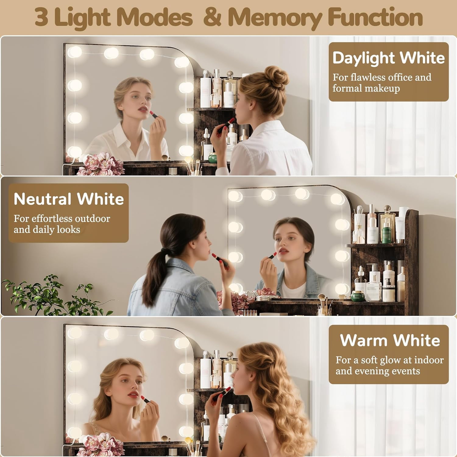 32" Makeup Vanity Desk with Mirror and Lights, 3 Lighting Colors, 5 Storage Shelves & Large Drawer, Brown Vanity Set for Bedroom, Girls and Women