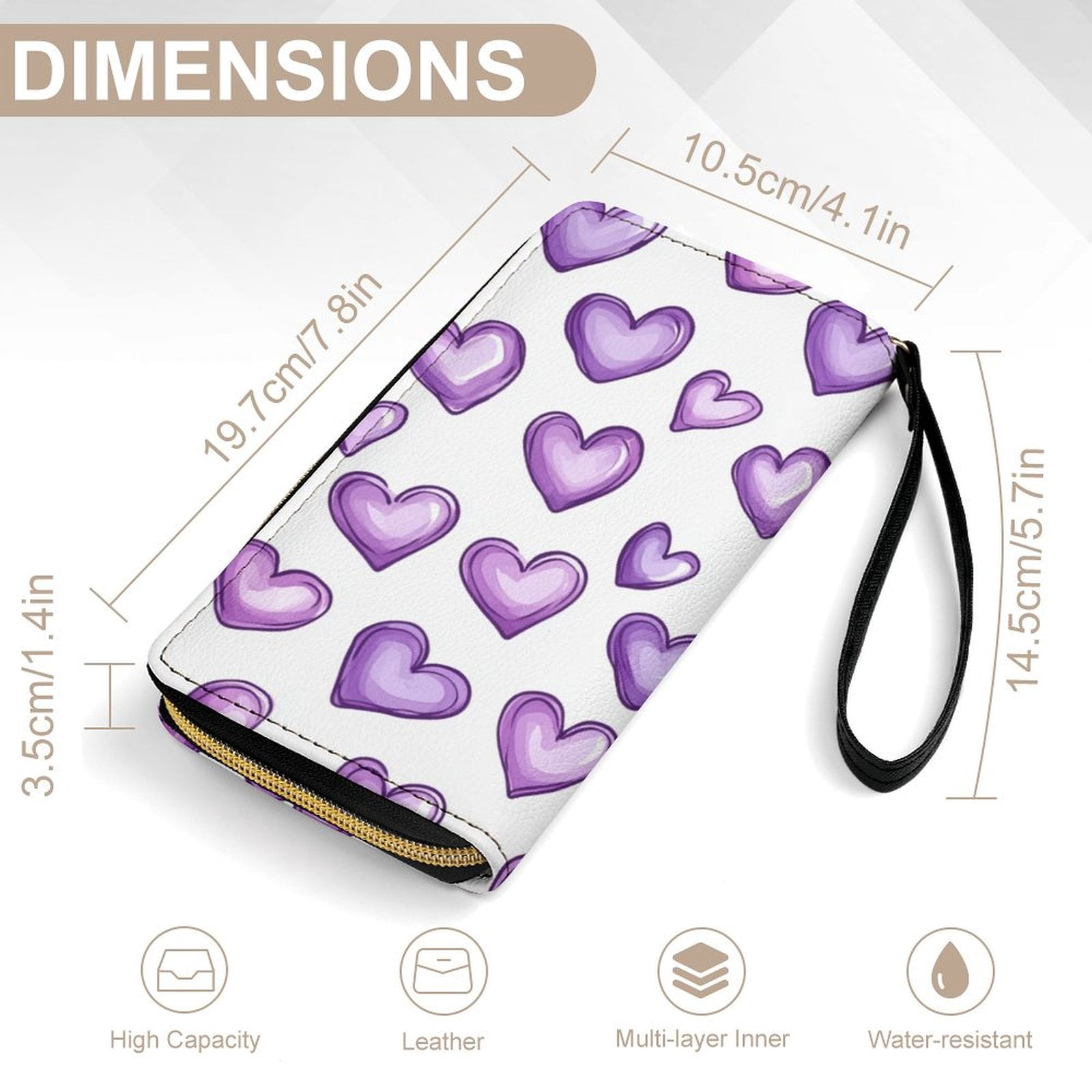 Womens Wallet Bifold Ladies Cluth Bag Wristlet Wrist Strap Long Purse Purple Hearts Design