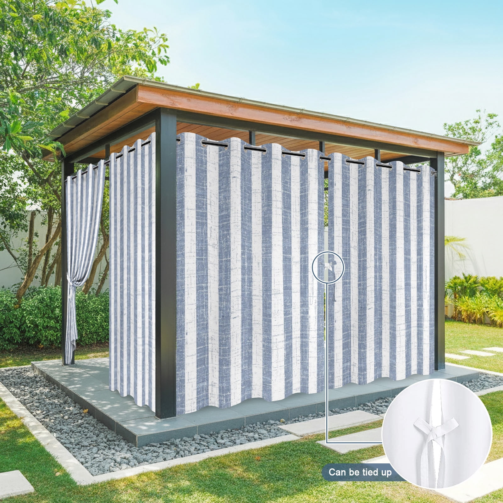 Blue Stripes Outdoor Curtains for Patio, Modern Abstract Linens Farmhouse Sunshade Privacy Drapes Grommet Waterproof Outside Curtains for Porch/Cabana/Balcony 54"x 108", 1 Panel