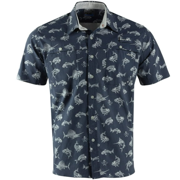 Salt Life Fish 'N Bones Short Sleeve Performance Woven Shirt, Navy, X-Large