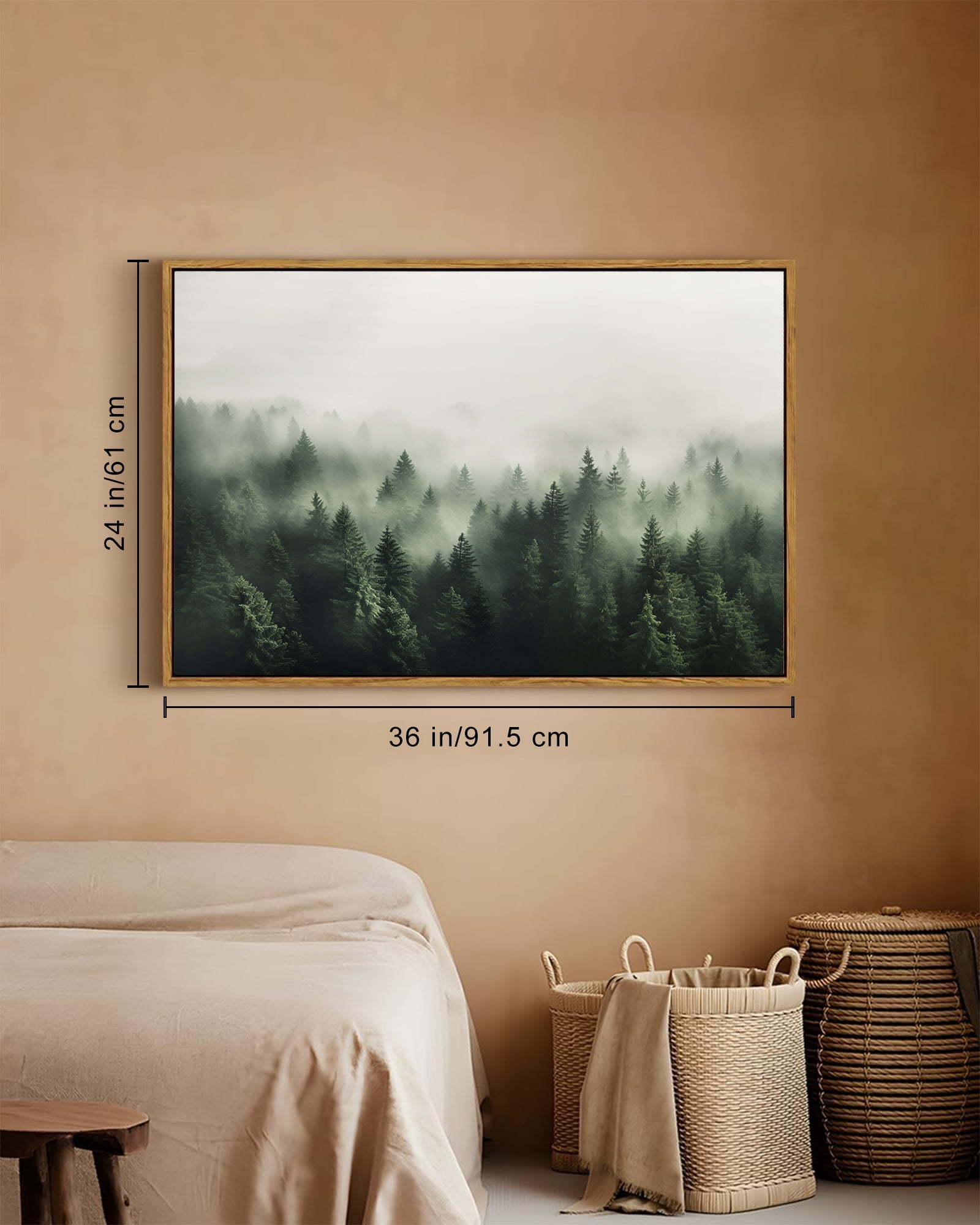 Drsoum Framed 24x36in Canvas Wall Art Vintage Classical Oil Painting Green Pine Tree Forest Room Decor for Bathroom Bedroom Living Room - Natural Framed