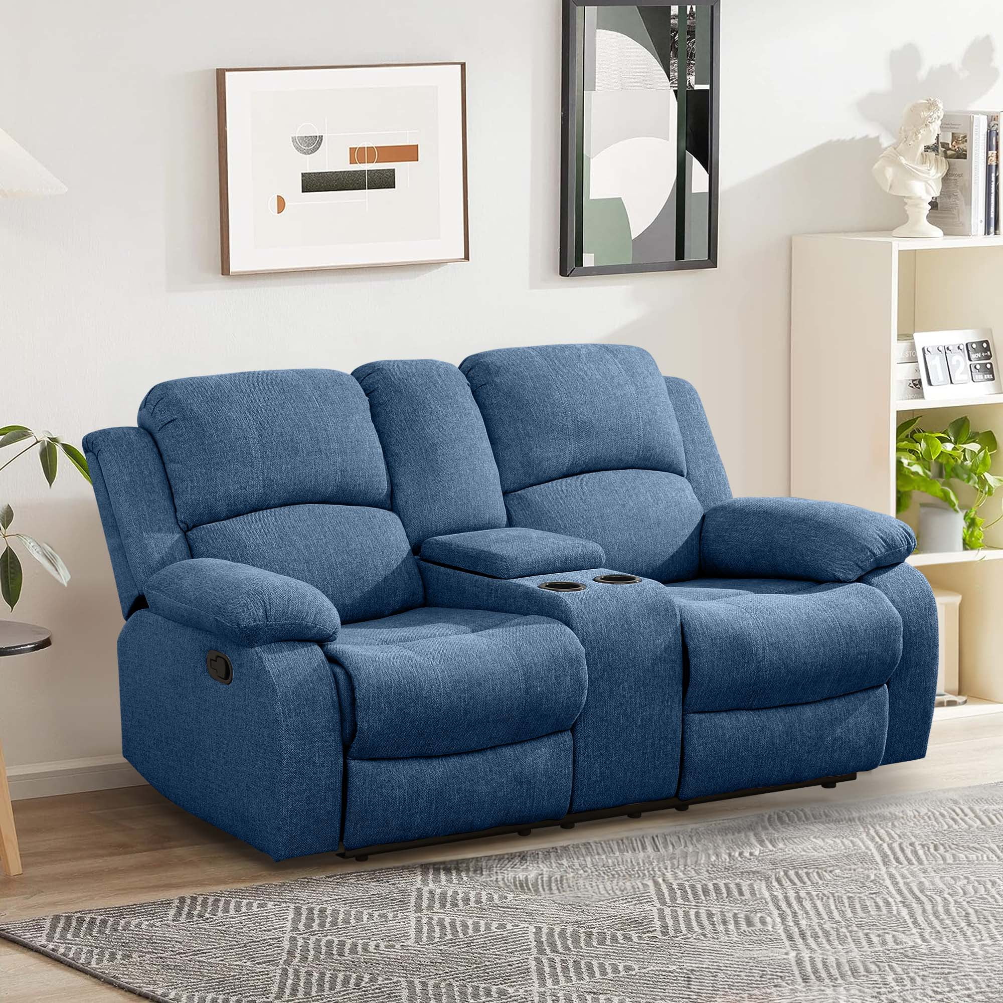 Aukfa Double Manual Recliner Chair, Overstuffed Loveseat with Cupholder for Living Room, Blue