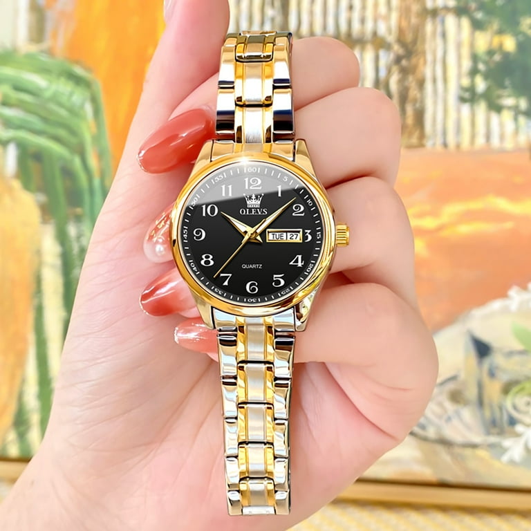 OLEVS Watches for Women Business Dress Watch for Small Wrist Gold Silver Tone Stainless Steel Band Analog Quartz Day Date Waterproof Ladies