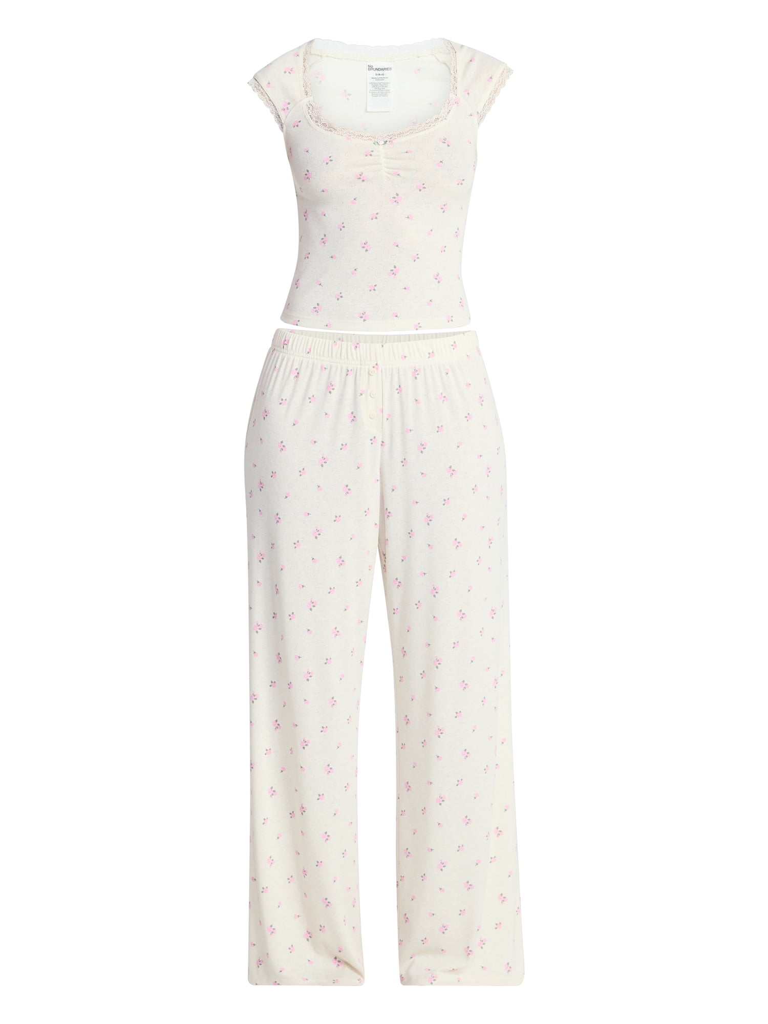 No Boundaries Pointelle Baby Tee and Pants Sleep Set, 2-Piece, Women's XXS-3X