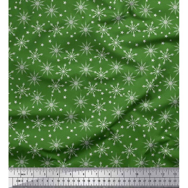 Soimoi Green Viscose Chiffon Fabric Snow Flakes & Star Fabric Prints By Yard 42 Inch Wide