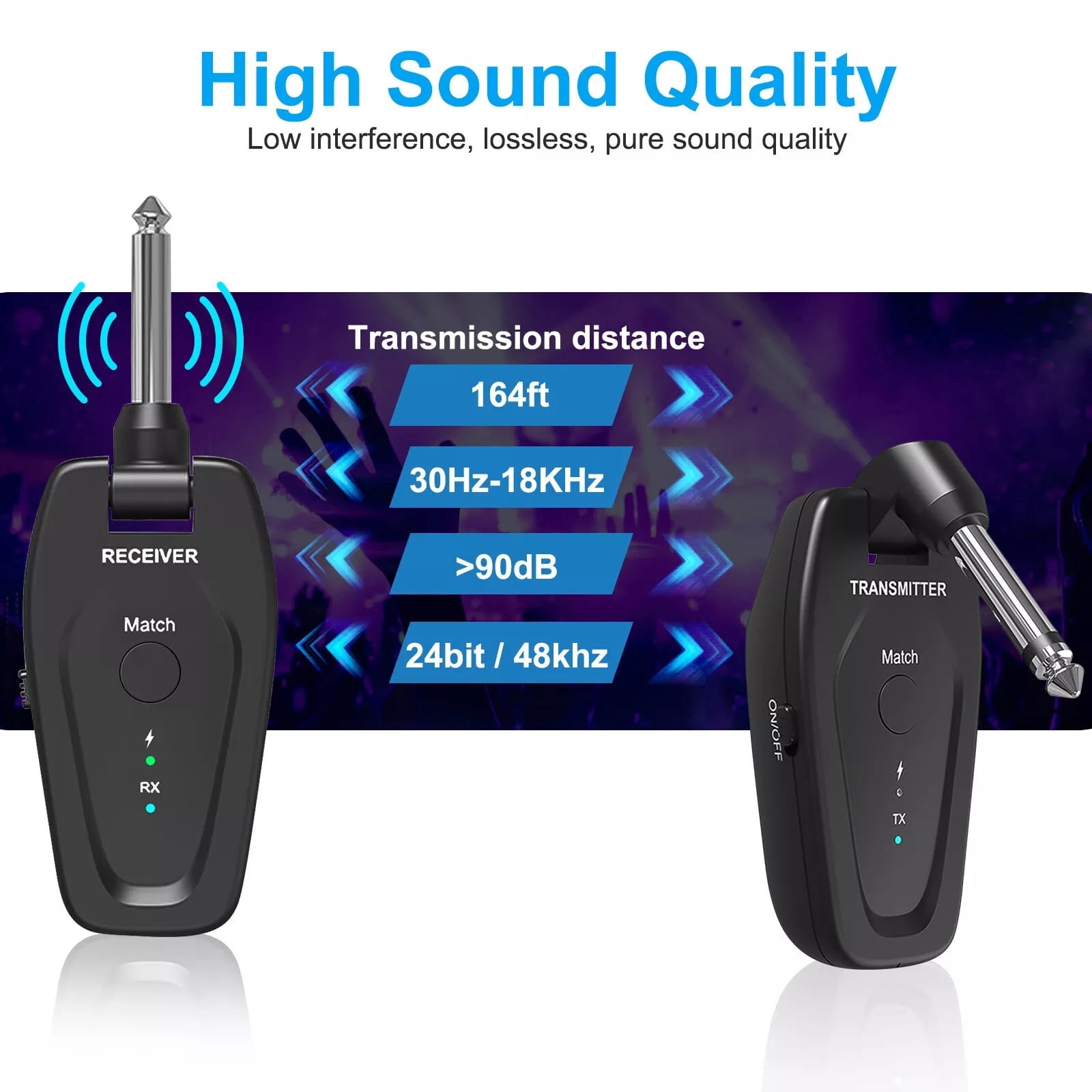 Portable Rechargeable Wireless Guitar System UHF Technology, 24bit/48kHz Sampling Rate for Guitarists and Musicians